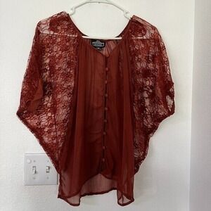 Angie Y2K Sheer Lace Button Front Top XS Butterfly Sleeve